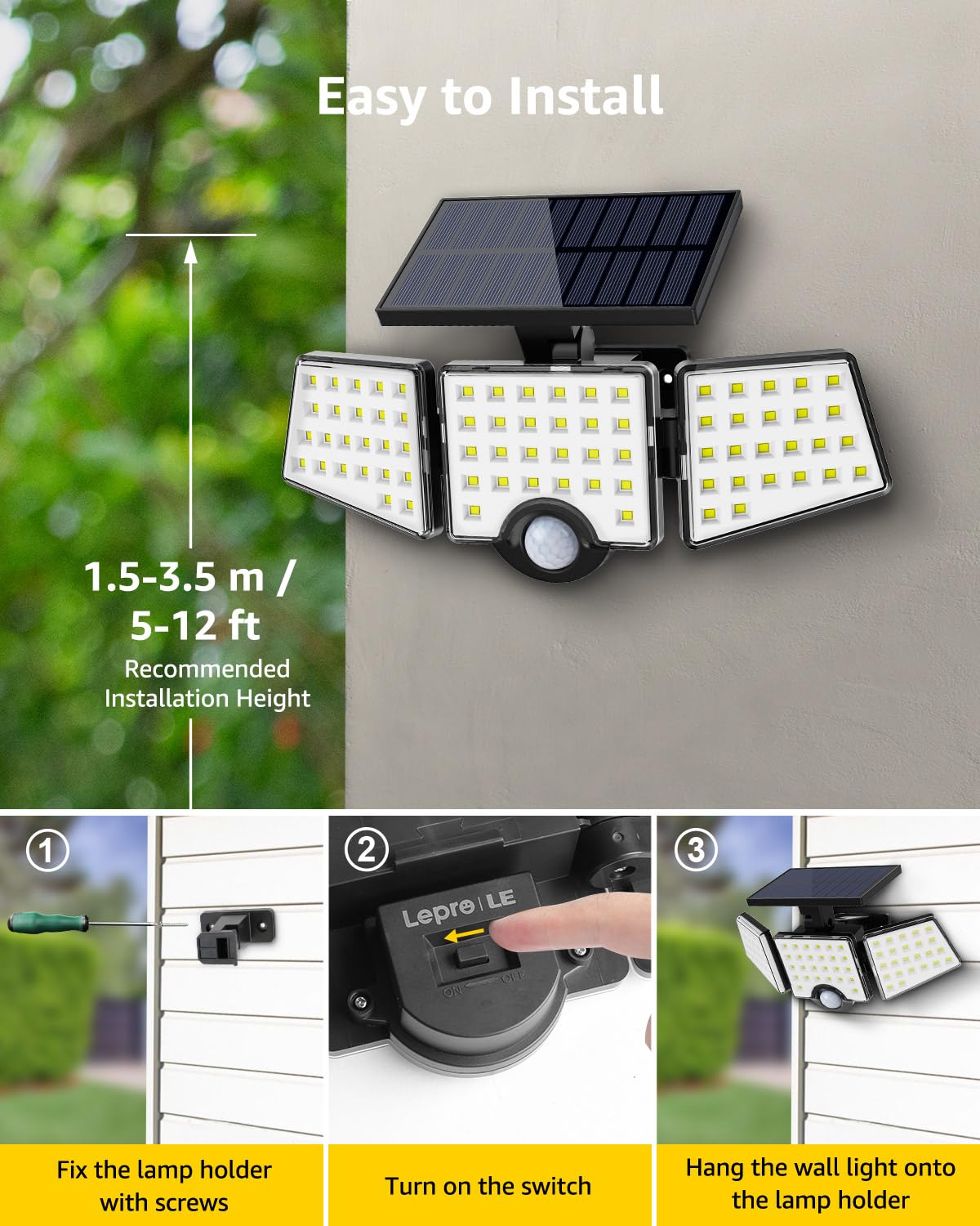 LE Solar Lights for Outside, Solar Lights Outdoor with Motion Sensor, WL4000 High Brightness, 3 Adjustable Heads 270° Wide Lighting Angle, IP65 Waterproof, Wireless Wall Lamp for Yard Garage, 2 Packs - Image 6