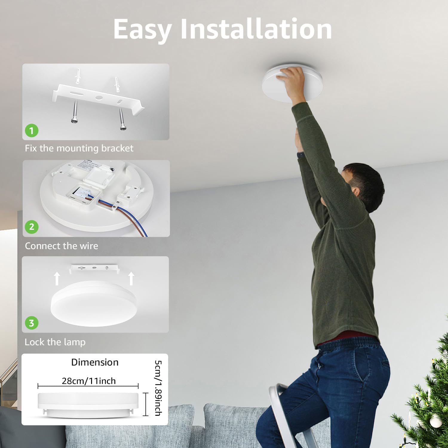 Lepro 11 inch 24 watt Flush Mount LED Ceiling Light 2400 Lumen 200 watt Equivalent, Waterproof, 3000 Kelvin Soft Warm White Bright Ceiling Fixture for Bedroom, Bathroom, Kitchen,Laundry, Living Room - Image 9