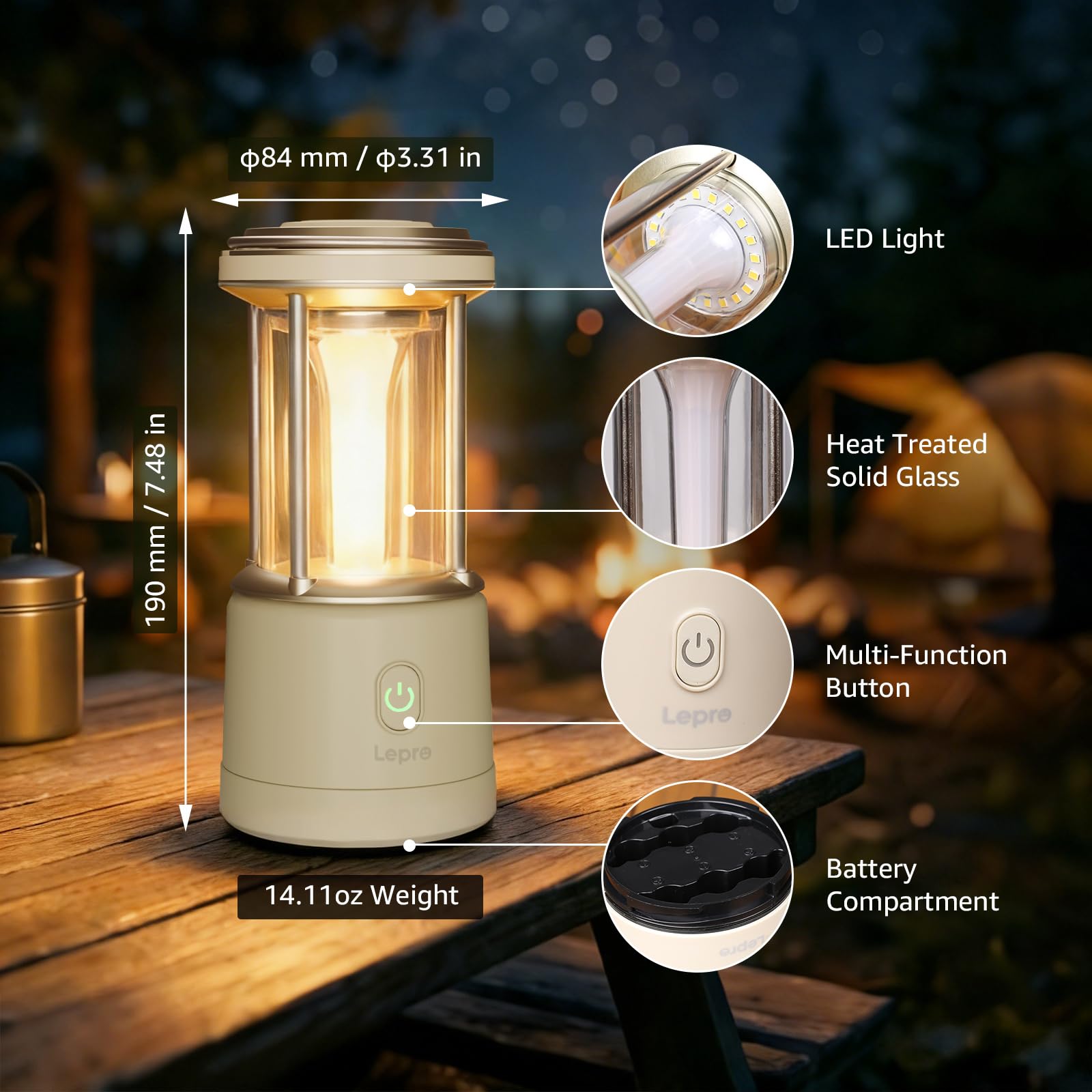 Lepro 1100LM Battery Powered LED Camping Lantern, Waterproof Tent Light with 5 Light Modes, Camping Essentials, Portable Lantern Flashlight for Camping, Emergency Light, Power Outage, Not Rechargeable - Image 4