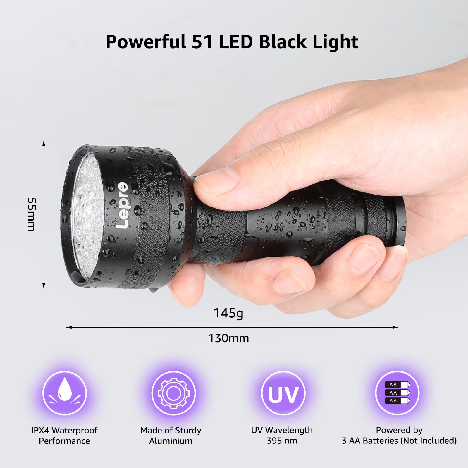 Lepro 51 LEDs UV Light Handheld Blacklight, UV Flashlight Black Light, 395nm Detector for Pet Urine, Stains, Bed Bug and Scorpions, Battery Not Included - Image 6