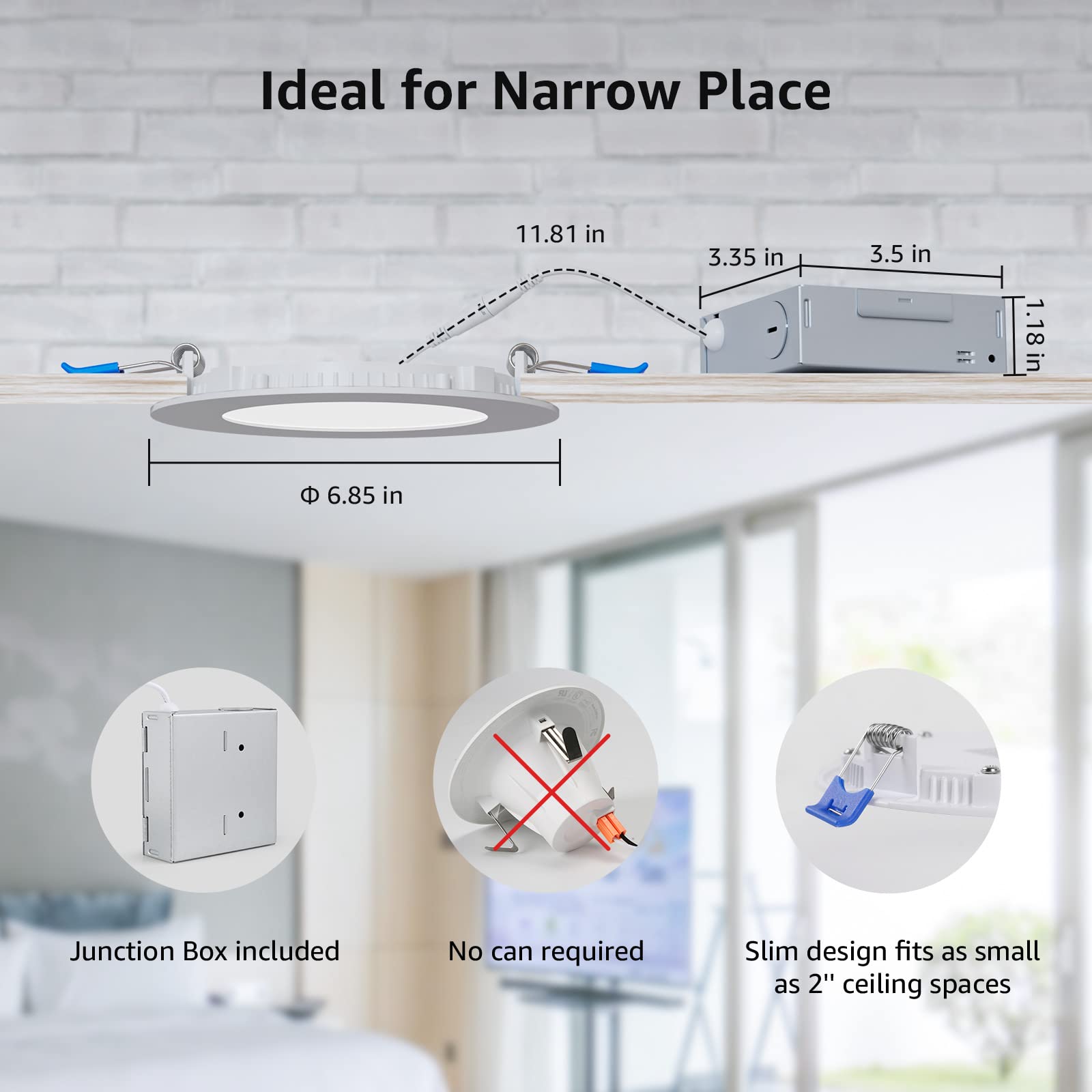 Lepro 6 Pack 6 Inch LED Recessed Ceiling Light with Junction Box, 5000 Kelvin Daylight Wafer Ultra-Thin, 1050 Lumen Dimmable Retrofit Downlight, 12 watt Eqv. 100 watt, ETL, Energy Star & FCC Certified - Image 4