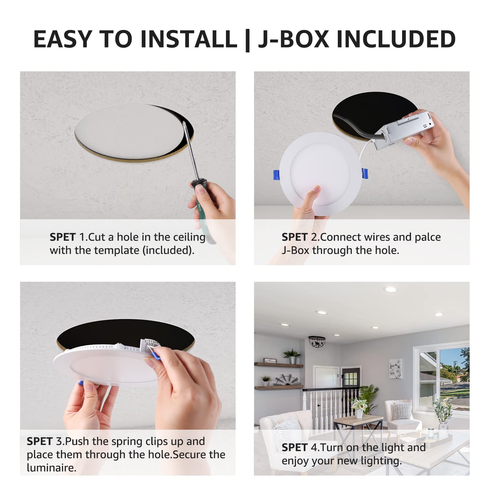 Lepro 6 Pack 6 Inch LED Recessed Ceiling Light with Junction Box, 5000 Kelvin Daylight Wafer Ultra-Thin, 1050 Lumen Dimmable Retrofit Downlight, 12 watt Eqv. 100 watt, ETL, Energy Star & FCC Certified - Image 5