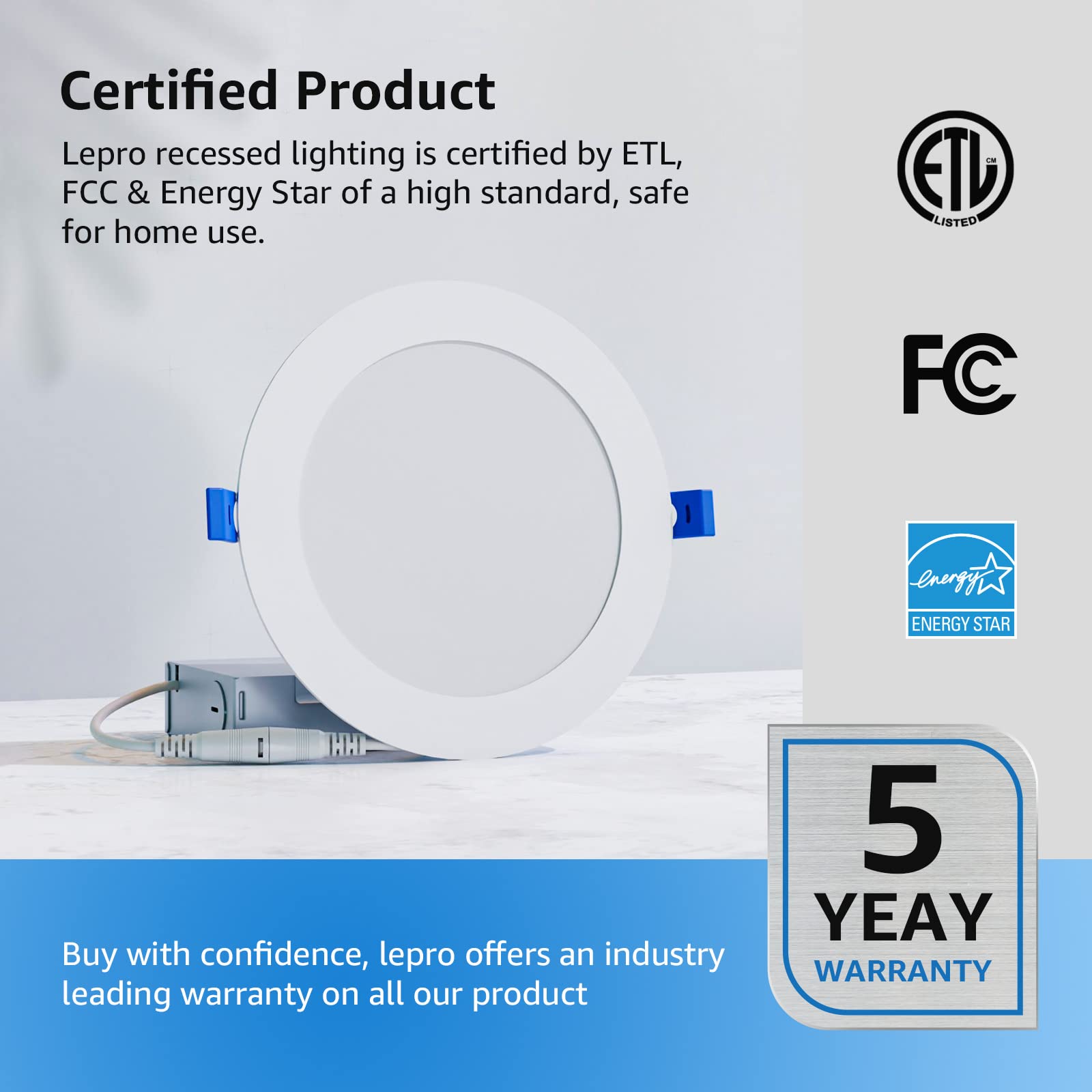 Lepro 6 Pack 6 Inch LED Recessed Ceiling Light with Junction Box, 5000 Kelvin Daylight Wafer Ultra-Thin, 1050 Lumen Dimmable Retrofit Downlight, 12 watt Eqv. 100 watt, ETL, Energy Star & FCC Certified - Image 6