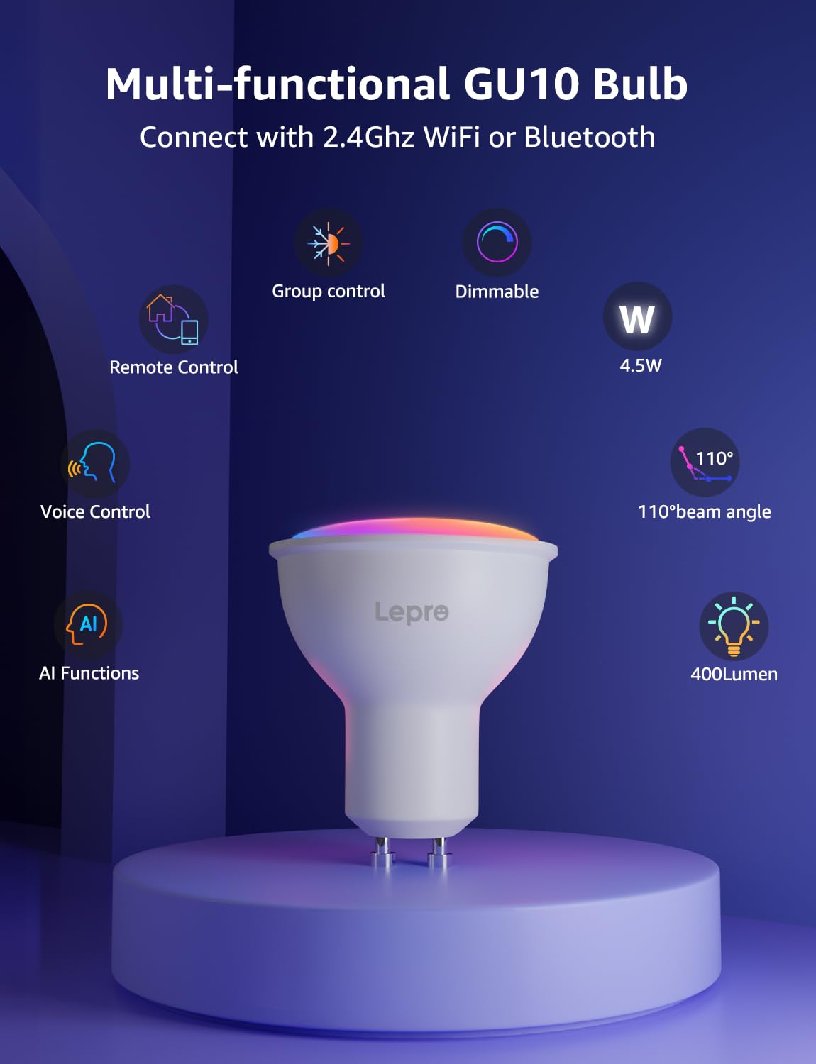 Lepro BG1 AI GU10 Smart Bulb - RGBCW Dimmable Color Changing LED Bulbs Works with Alexa & Google Assistant, Personalized Al Lighting Designer, Voice Control via App, Music Sync, 2.4G WiFi Only, 4 Pack - Image 9