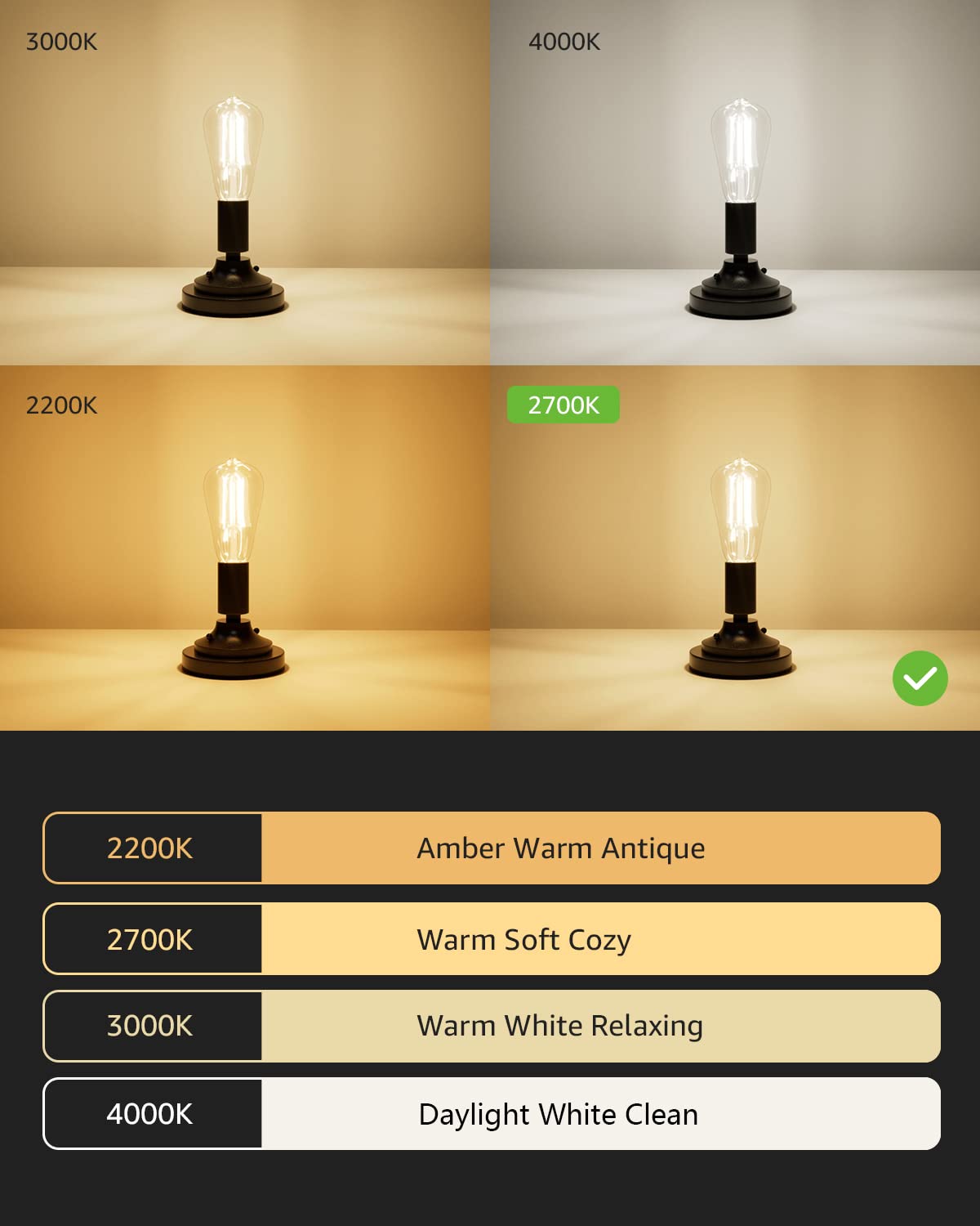 Lepro Dimmable LED Edison Light Bulbs, 2700K Warm White E26 Edison Bulbs 5.5W, 60 Watt Equivalent, Filament Vintage Bulb Clear Glass, Medium Base, ST19 Vanity Soft White, 6 Packs - Image 4