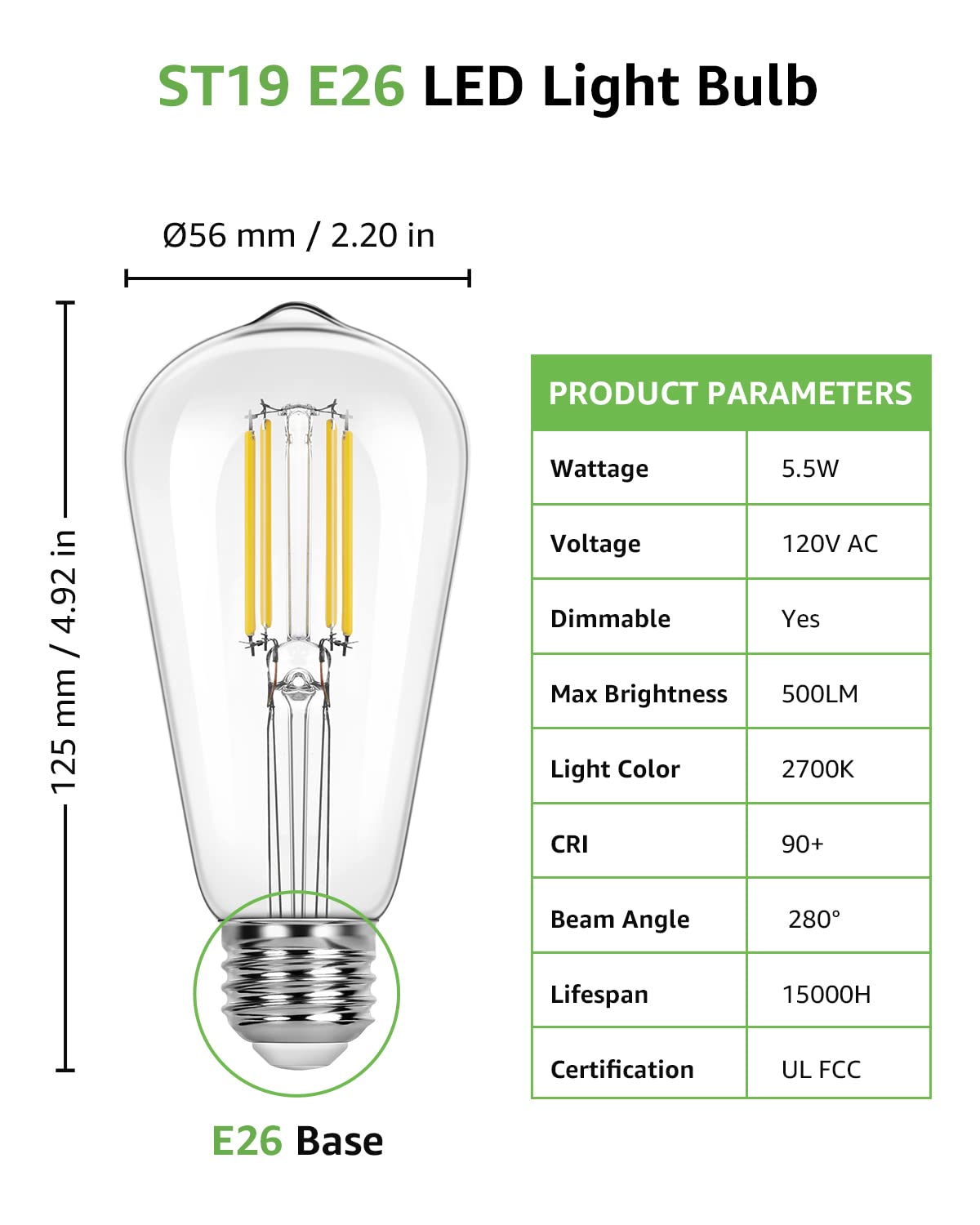 Lepro Dimmable LED Edison Light Bulbs, 2700K Warm White E26 Edison Bulbs 5.5W, 60 Watt Equivalent, Filament Vintage Bulb Clear Glass, Medium Base, ST19 Vanity Soft White, 6 Packs - Image 9