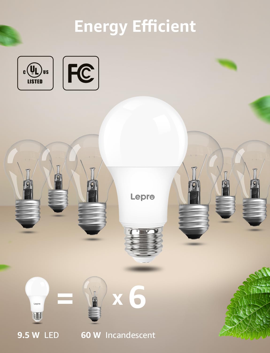 Lepro Dimmable LED Light Bulbs 60 Watt Equivalent, 9.5W 800LM Daylight White 5000K, A19 E26 Standard Medium Base, UL FCC Listed, 15000 Hour Lifetime, 6 Packs - Image 5