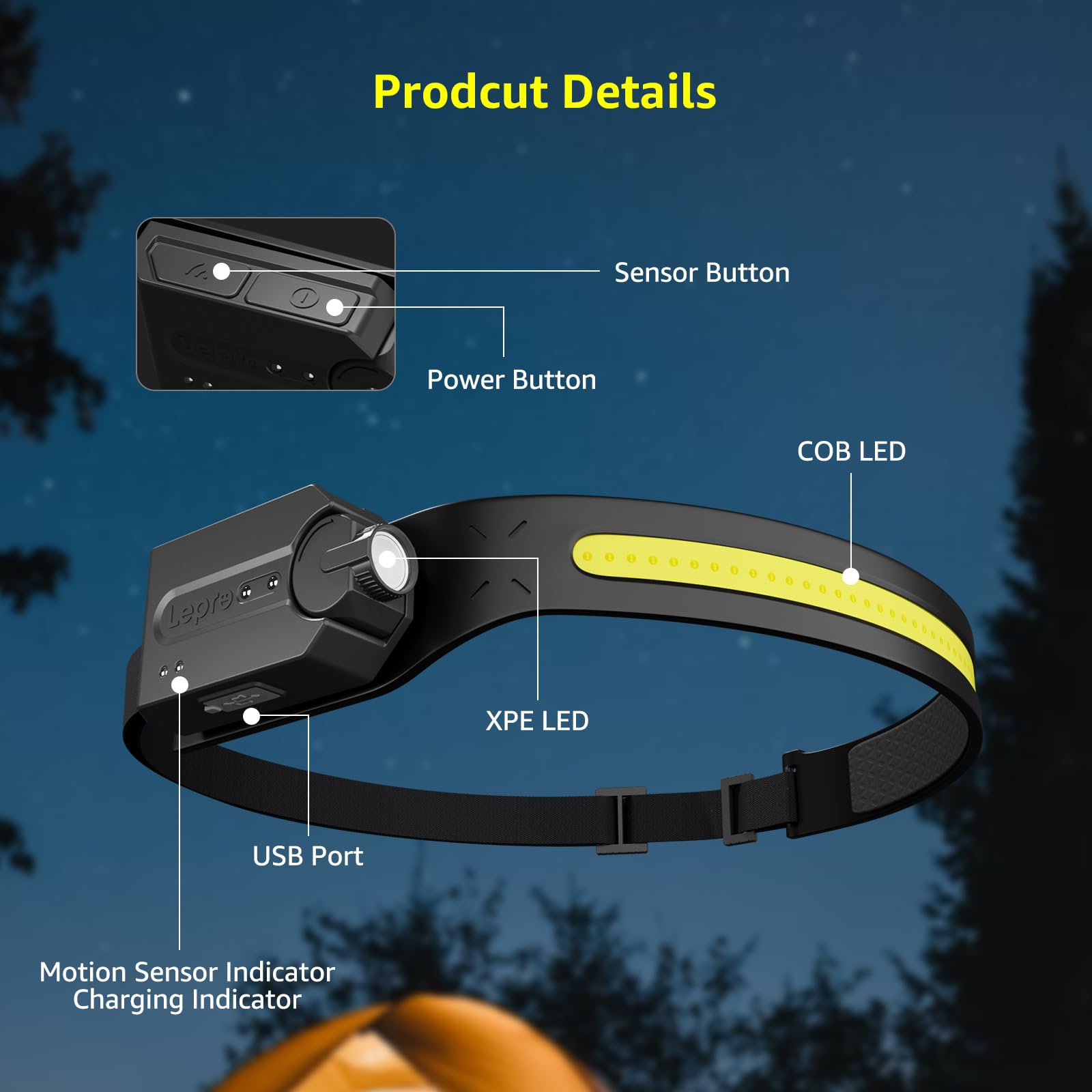 Lepro Headlamp - Super Bright LED Head Lamp Rechargeable with 230°Wide Beam, Adjustable Spotlight, Motion Sensor, 5 Modes, Waterproof Lightweight Headlight Flashlight for Camping Running - Image 7