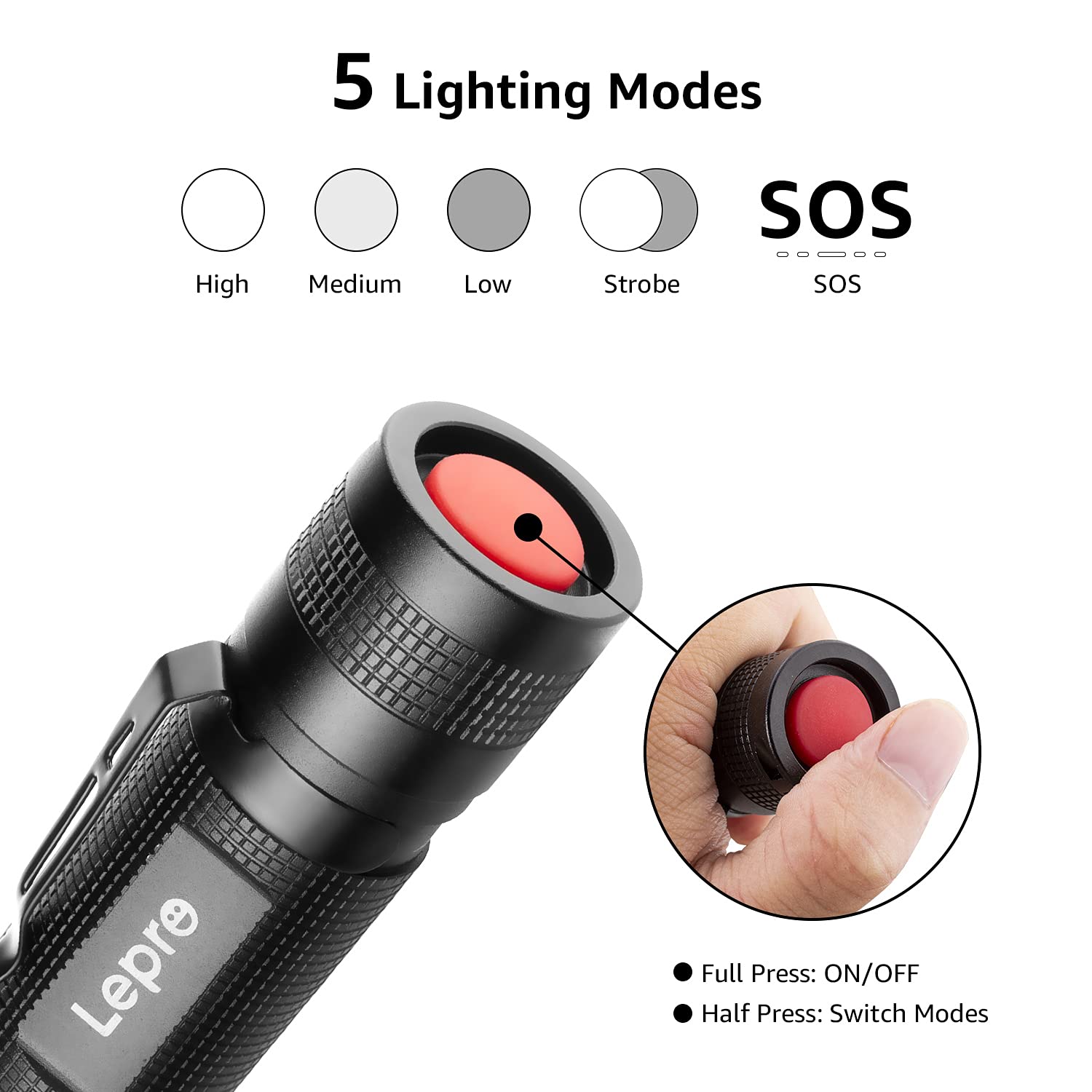 Lepro LED Flashlight with Clip, LE2050 Flashlight High Lumens, 5 Lighting Modes, Zoomable, Waterproof, Lightweight Flashlights for Emergencies,Camping, Powered by AAA Battery, 2 Pack - Image 6