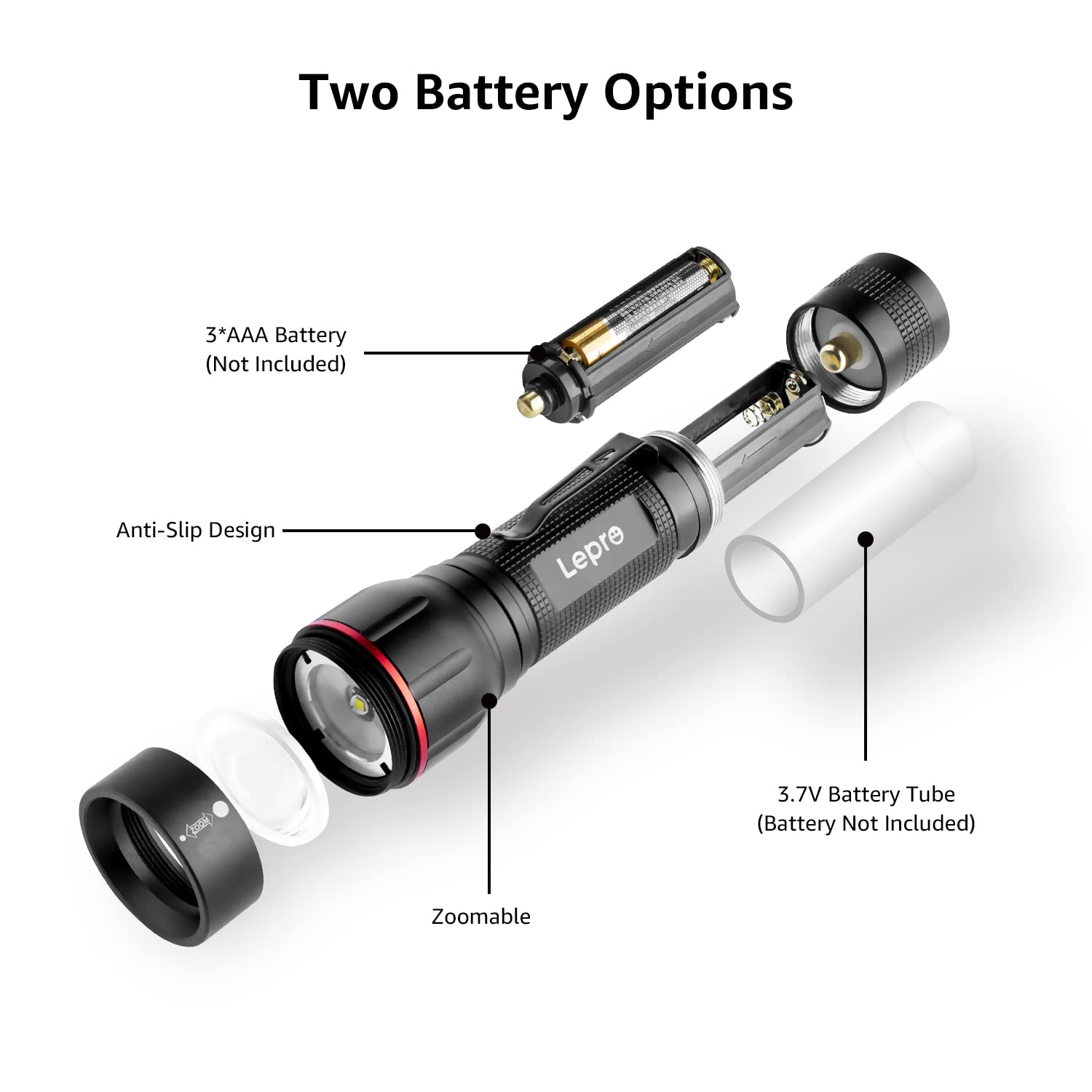 Lepro LED Flashlight with Clip, LE2050 Flashlight High Lumens, 5 Lighting Modes, Zoomable, Waterproof, Lightweight Flashlights for Emergencies,Camping, Powered by AAA Battery, 2 Pack - Image 3