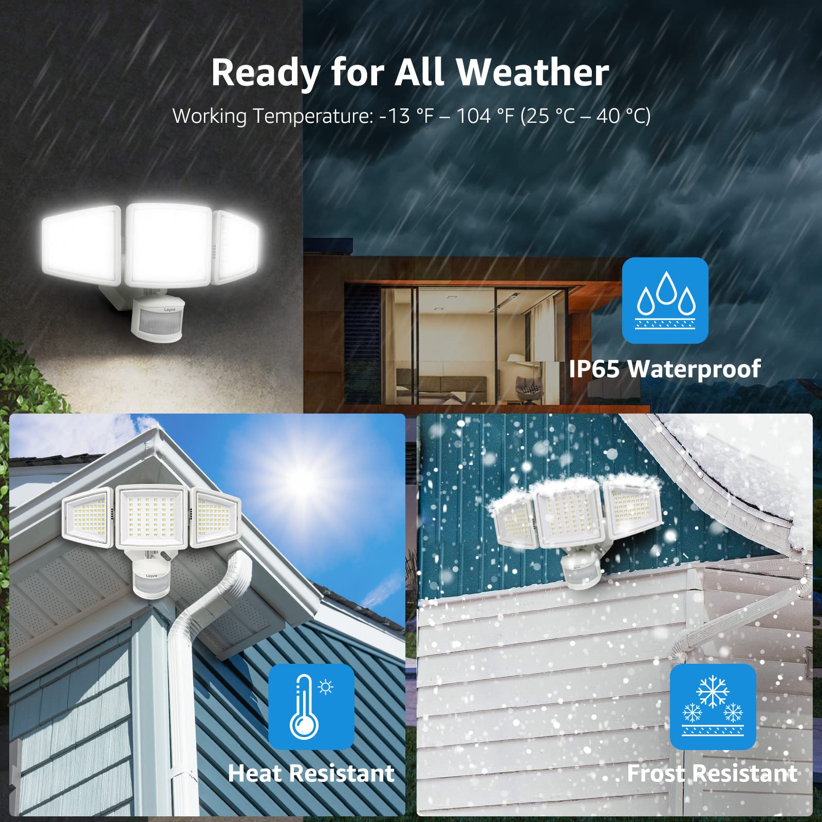 Lepro LED Security Lights, Outdoor Motion Sensor Light, Flood Lights with 3 Adjustable Heads, 270° Wide Lighting Angle, 27W 3200LM Super Bright, IP65 Waterproof for Yard Porch Garage, White - Image 5