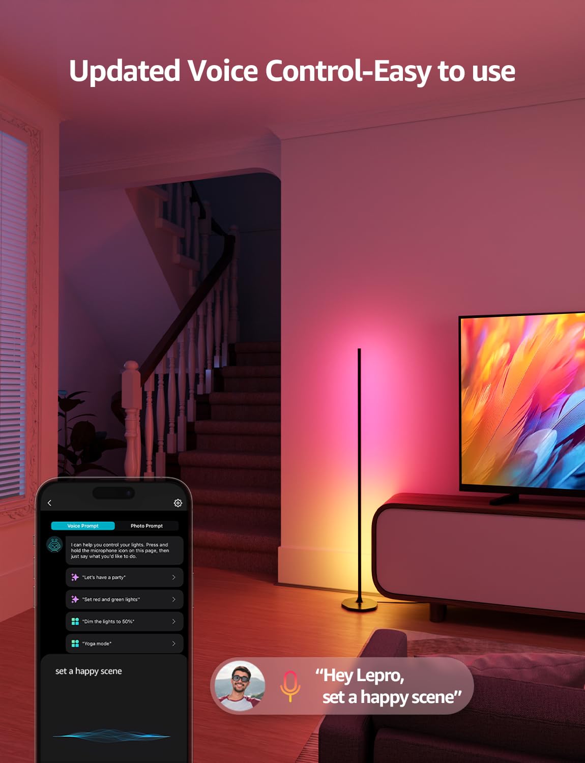 Lepro OE1 AI Corner Floor Lamp, Smart RGBICW LED Corner Lamp with Music Sync, Alexa Enabled, Personalized AI Lighting Designer, Modern Standing Lamp for Living Room/Bedroom,1000LM,2.4G WiFi, No Remote - Image 3