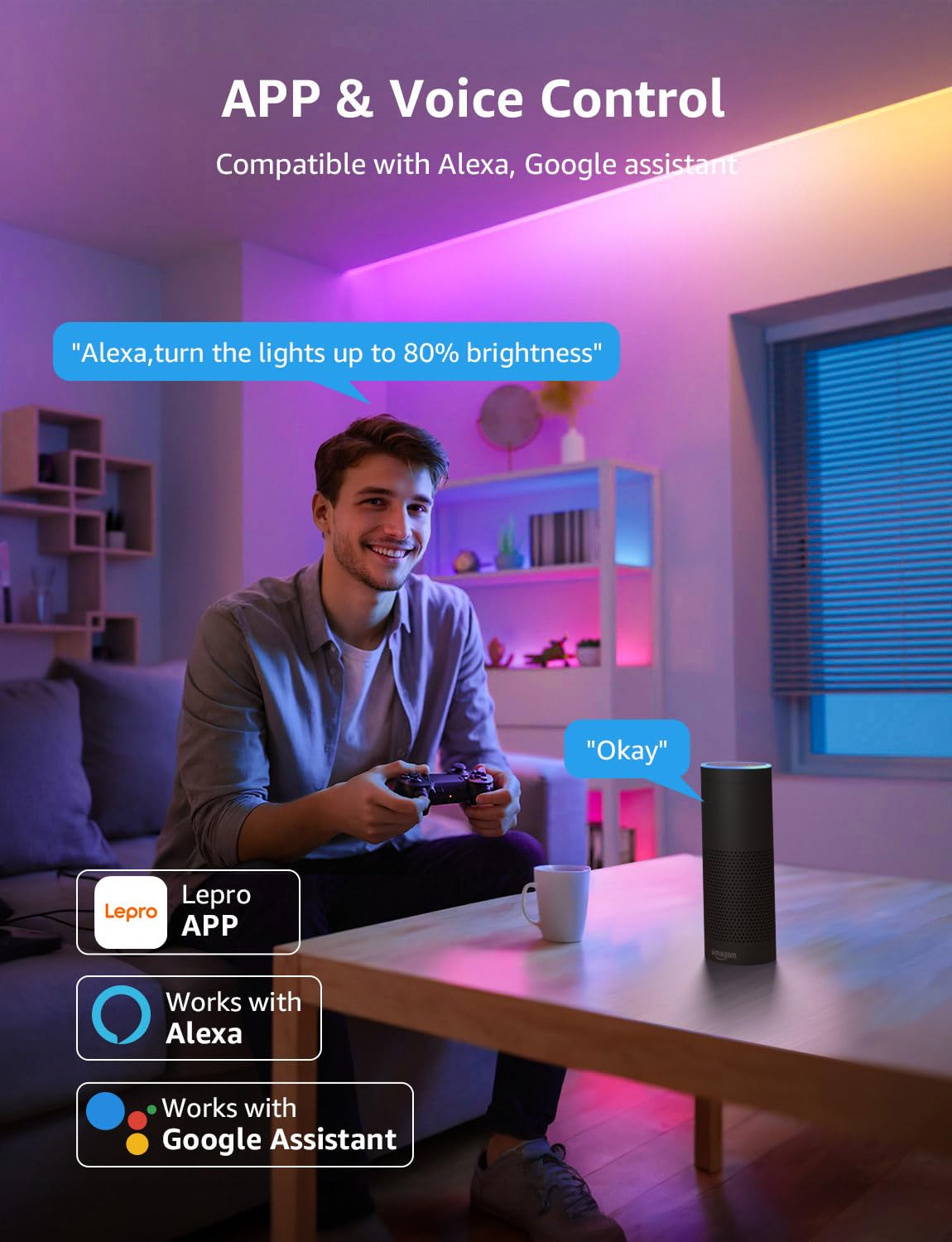 Lepro S1 AI LED Strip Lights for Bedroom - 32.8ft Smart RGB Light Strips with IC and Rainbow Chasing Effects, Color Segment DIY, Personalized Al Lighting Designer, No Remote, 2.4G Wi-Fi & Bluetooth - Image 6