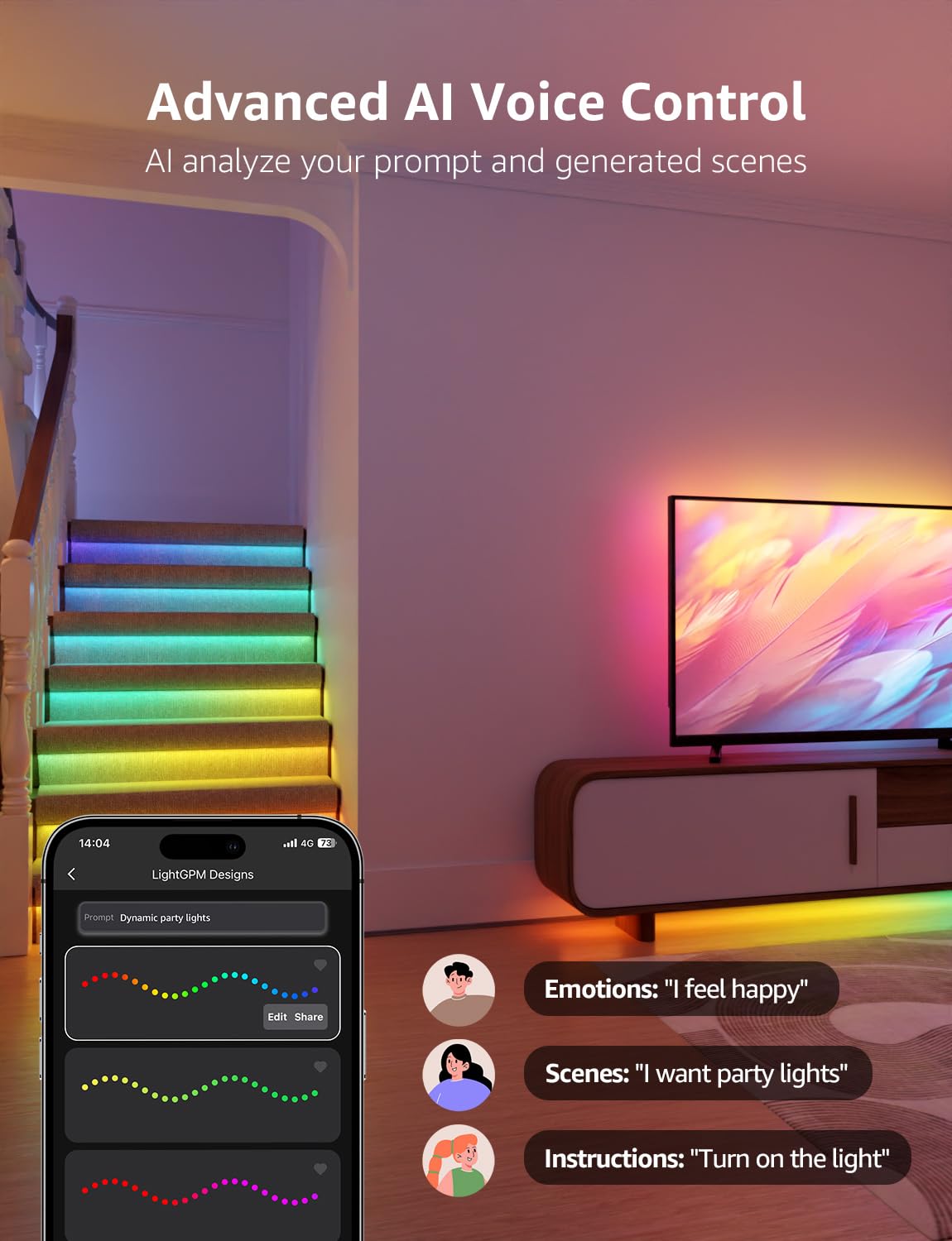 Lepro S2 AI Smart LED Strip Lights - 32.8ft RGBCW Light Strips with 2700K-5700K Tunable Warm White, Color Segment DIY, Personalized Al Lighting Designer, APP Control(No Remote), 2.4G Wi-Fi & Bluetooth - Image 3