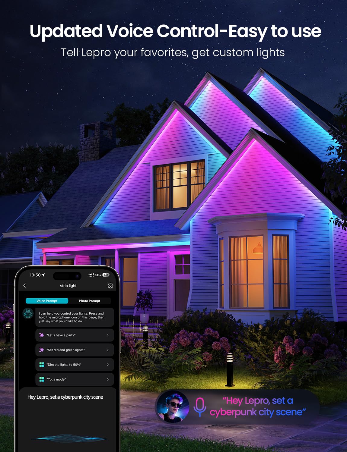 Lepro SW1 AI Smart Outdoor LED Strip Lights - 32.8ft IP65 Waterproof RGBCW Light Strips, 2700K-5700K Tunable Warm White, APP Control(No Remote), 2.4G Wi-Fi Lights for Holiday Decor, House, Porch, Eave - Image 4