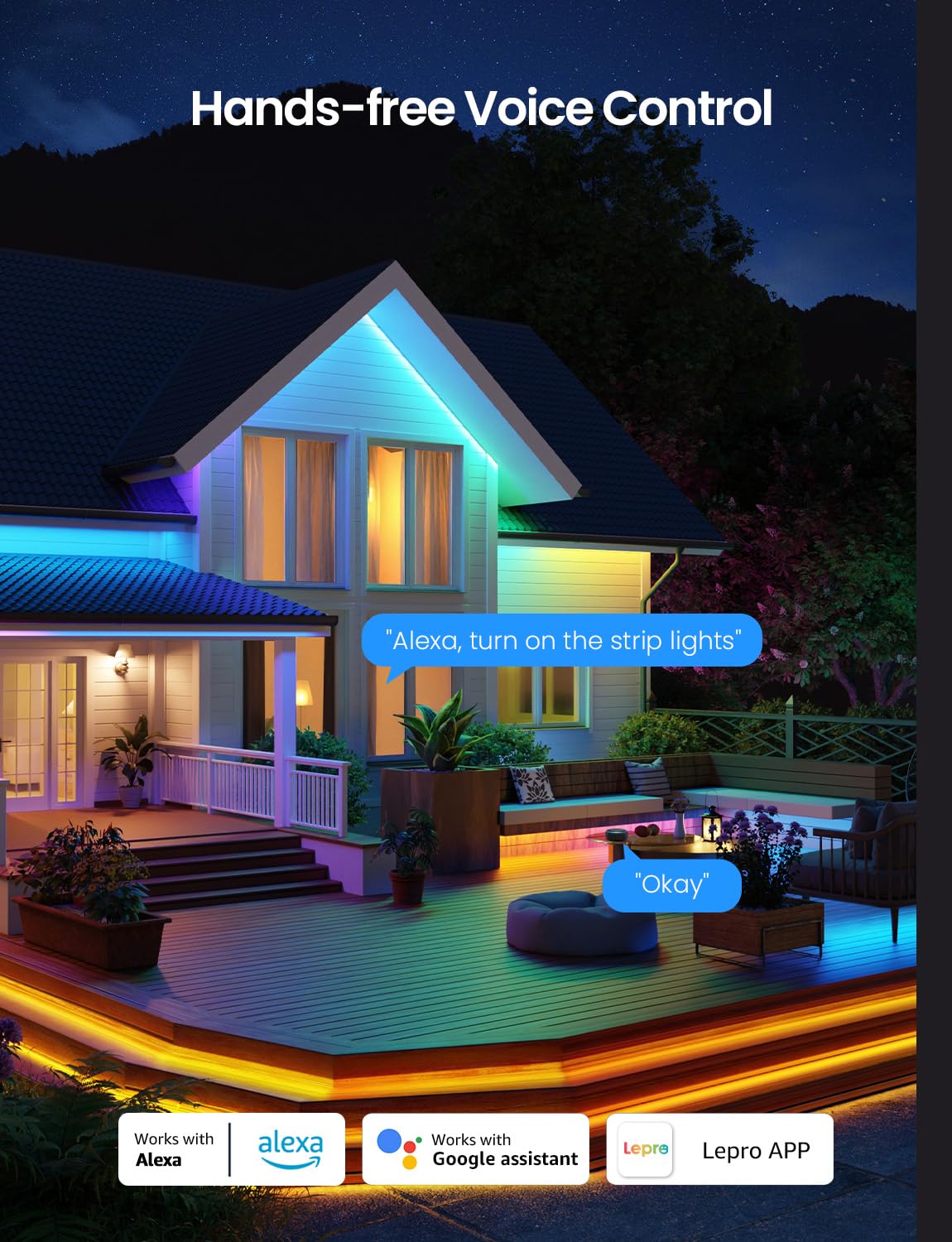 Lepro SW1 AI Smart Outdoor LED Strip Lights - 32.8ft IP65 Waterproof RGBCW Light Strips, 2700K-5700K Tunable Warm White, APP Control(No Remote), 2.4G Wi-Fi Lights for Holiday Decor, House, Porch, Eave - Image 7