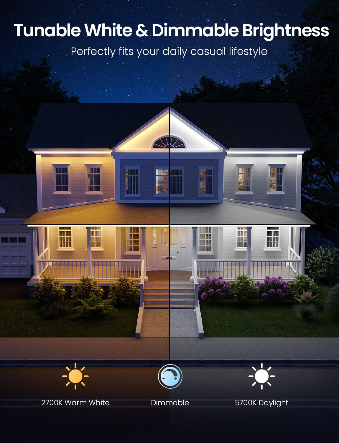 Lepro SW1 AI Smart Outdoor LED Strip Lights - 32.8ft IP65 Waterproof RGBCW Light Strips, 2700K-5700K Tunable Warm White, APP Control(No Remote), 2.4G Wi-Fi Lights for Holiday Decor, House, Porch, Eave - Image 8