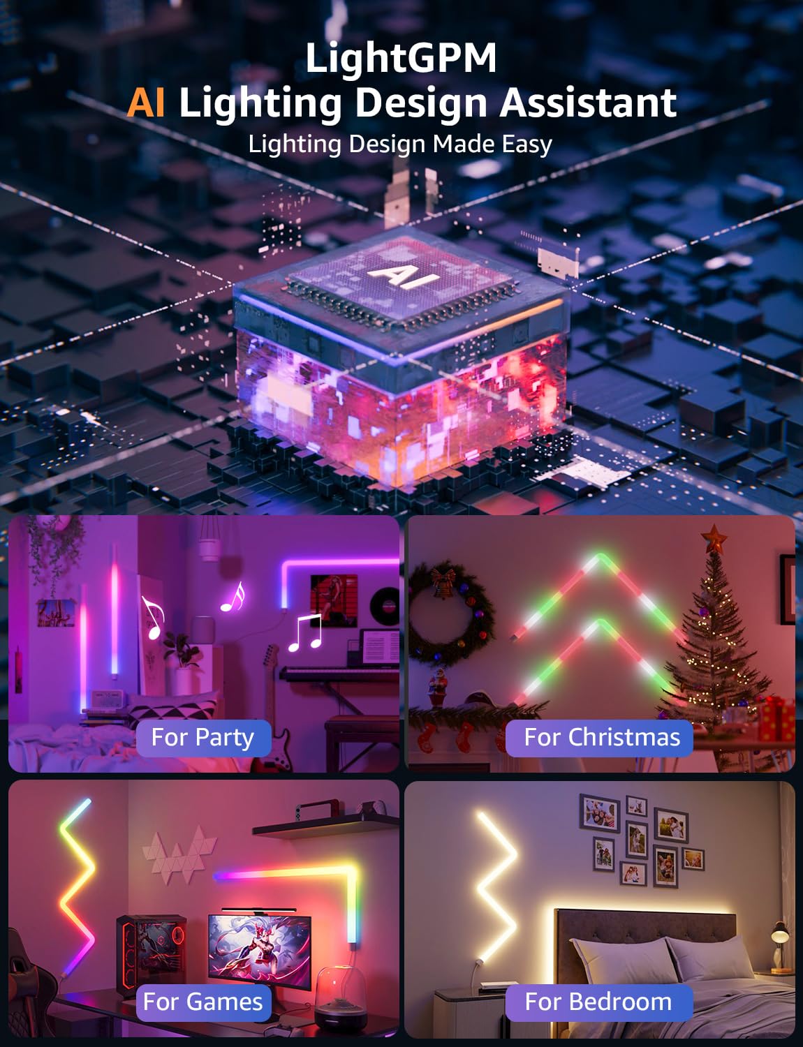 Lepro WL1 AI Smart RGB Wall Lights with LightBeats Music Sync, Personalized AI Lighting Designer, Voice Control Via App, Wi-Fi & Bluetooth LED Light Bars, 8 Pcs with 4 Corners - Image 6