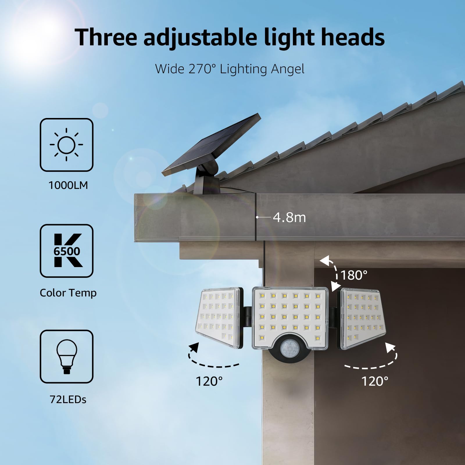 Solar Lights for Outside, WL5000 Motion Activated Security Lights, Separate Solar Panel, 3 Adjustable Head 270° Wide Lighting Angle, IP65 Waterproof Wall Lamp for Porch Yard Garage, 2 Packs - Image 3