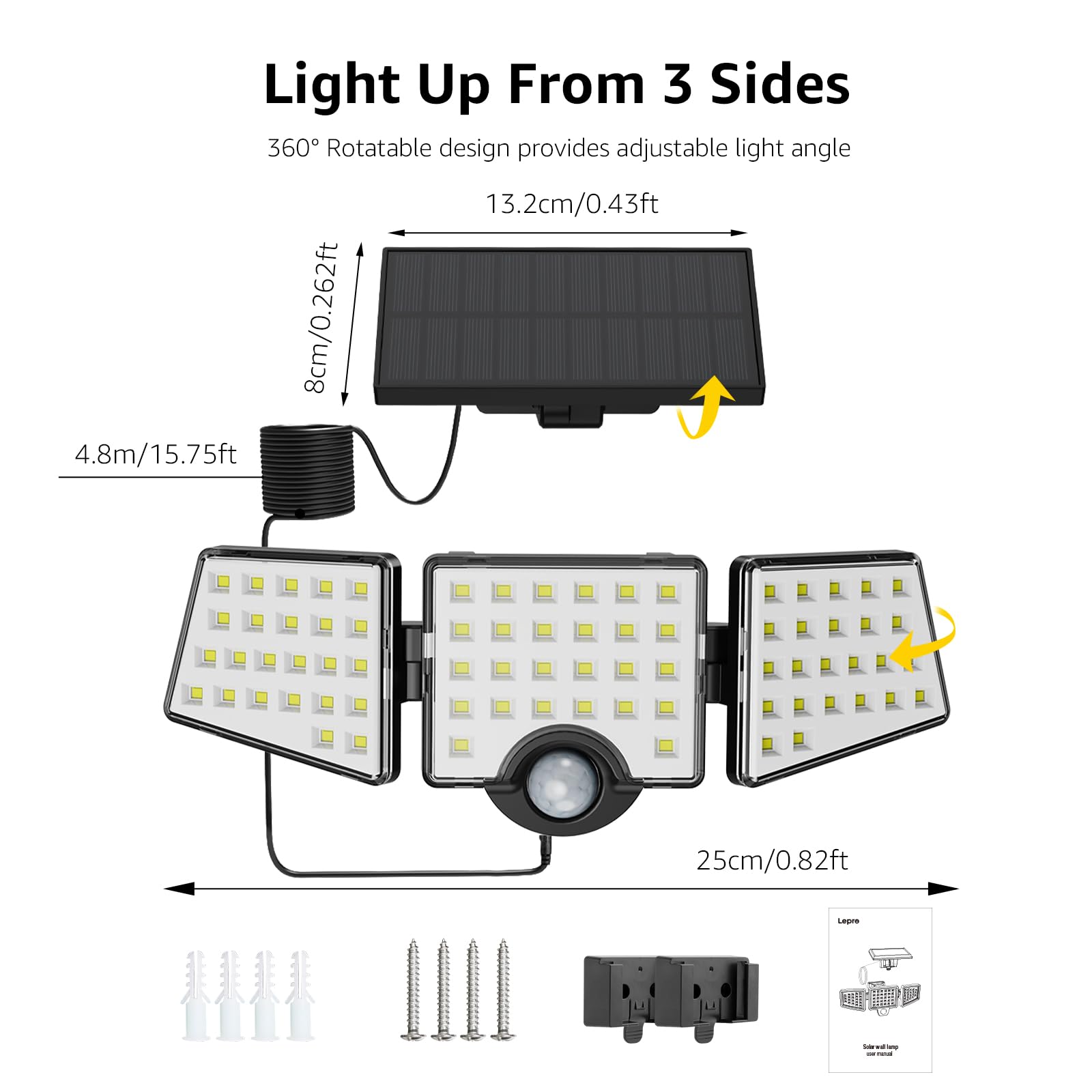 Solar Lights for Outside, WL5000 Motion Activated Security Lights, Separate Solar Panel, 3 Adjustable Head 270° Wide Lighting Angle, IP65 Waterproof Wall Lamp for Porch Yard Garage, 2 Packs - Image 6