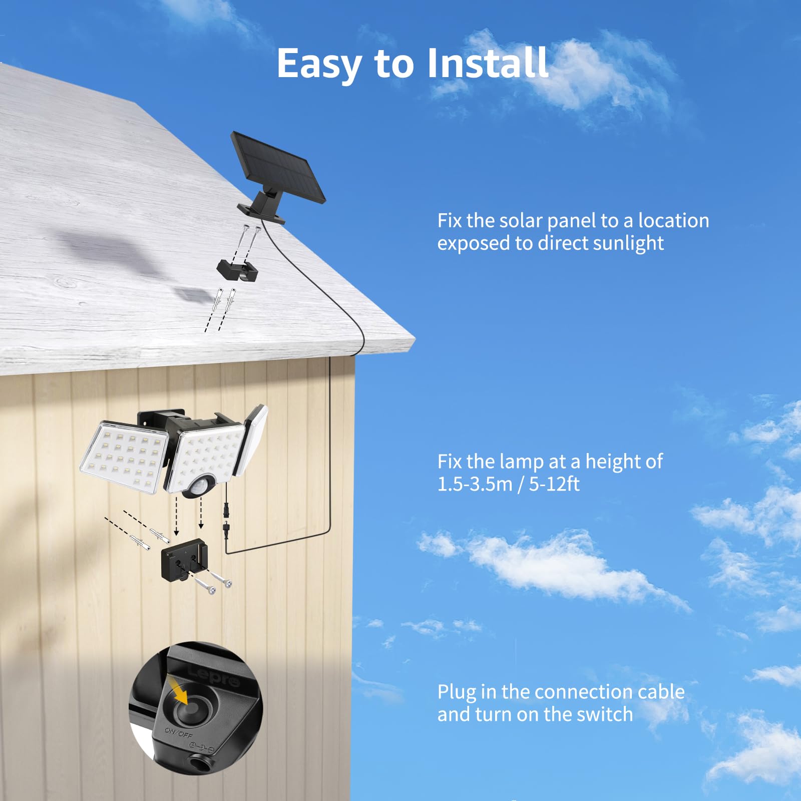 Solar Lights for Outside, WL5000 Motion Activated Security Lights, Separate Solar Panel, 3 Adjustable Head 270° Wide Lighting Angle, IP65 Waterproof Wall Lamp for Porch Yard Garage, 2 Packs - Image 8